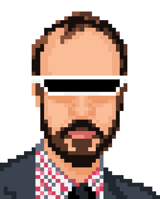 A portrait of Chris Lamothe in a pixelated manner with visor like glasses.